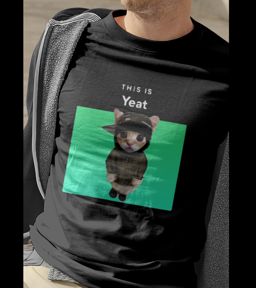 Yeat Cat Wearing Hoodie And Cap On Green Background T-Shirt