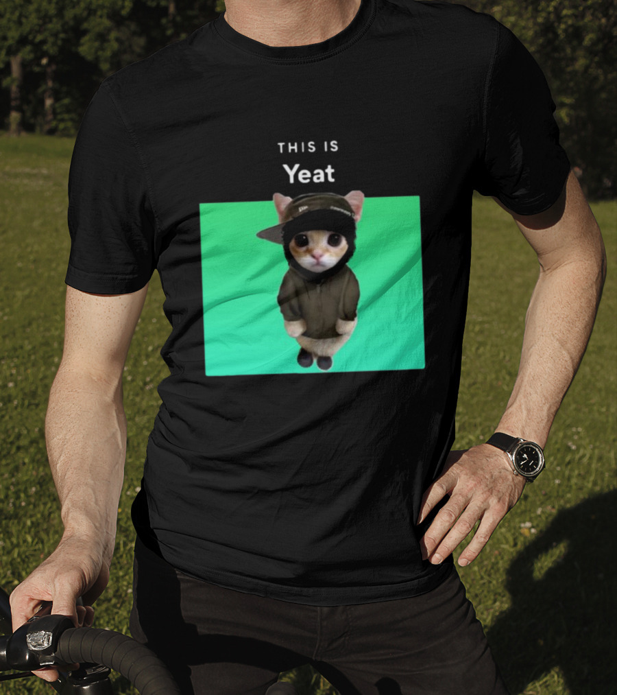 Yeat Cat Wearing Hoodie And Cap On Green Background T-Shirt