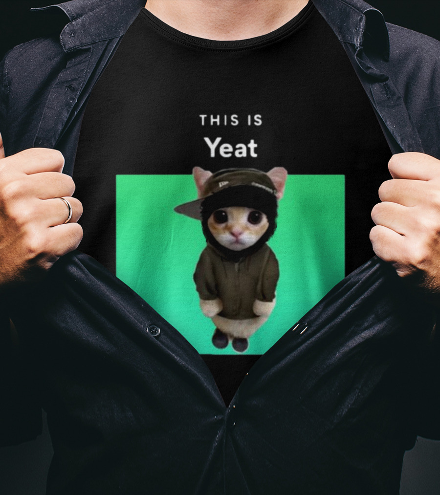 Yeat Cat Wearing Hoodie And Cap On Green Background T-Shirt