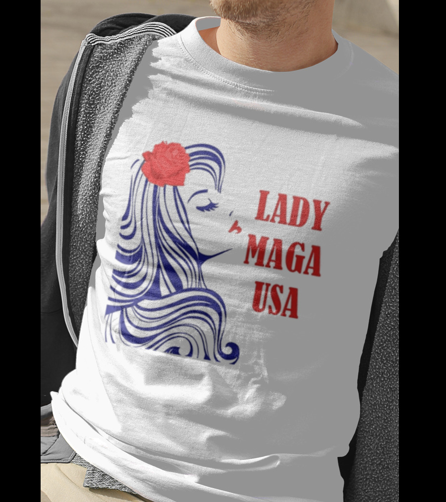 Lady Maga USA Bold Red And Blue Portrait With Rose T-Shirt