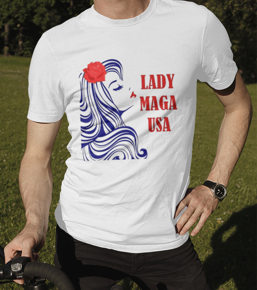 Lady Maga USA Bold Red And Blue Portrait With Rose T-Shirt