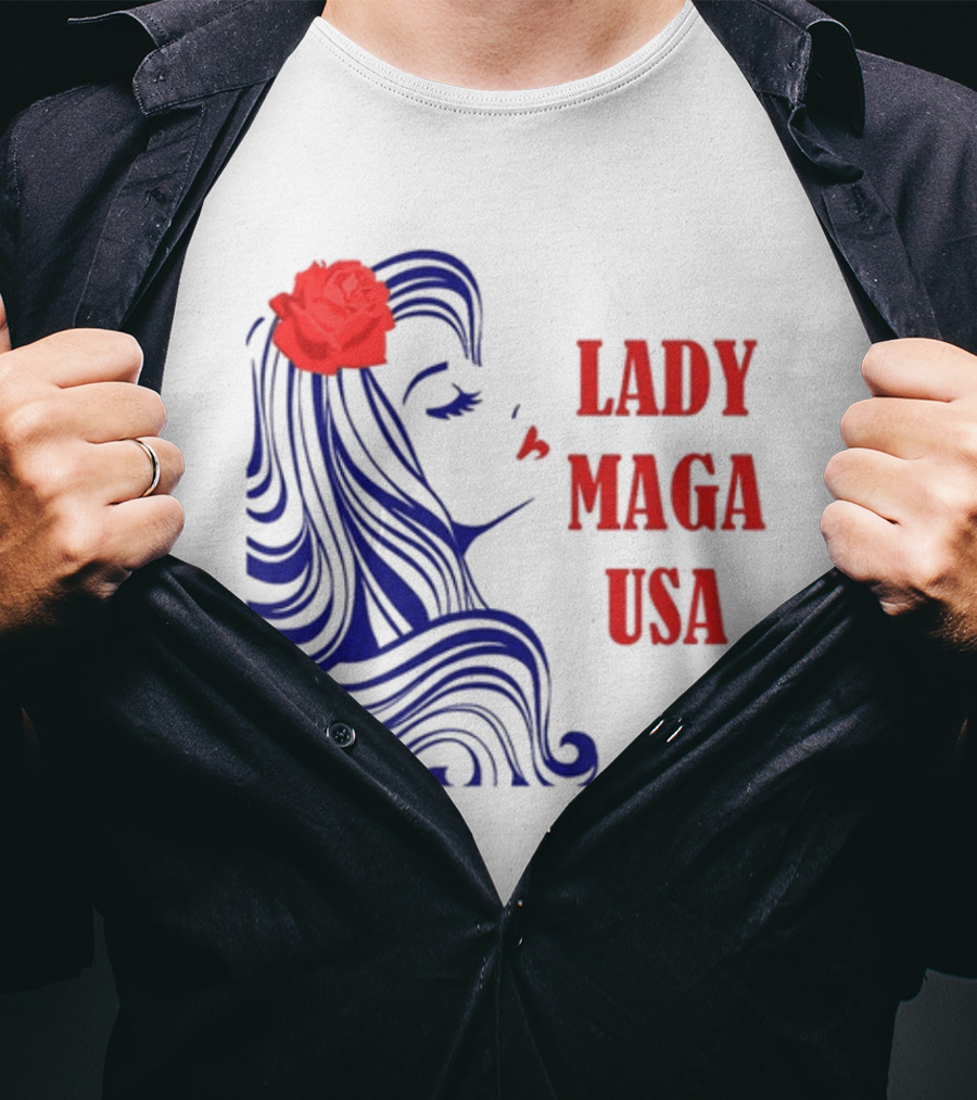 Lady Maga USA Bold Red And Blue Portrait With Rose T-Shirt