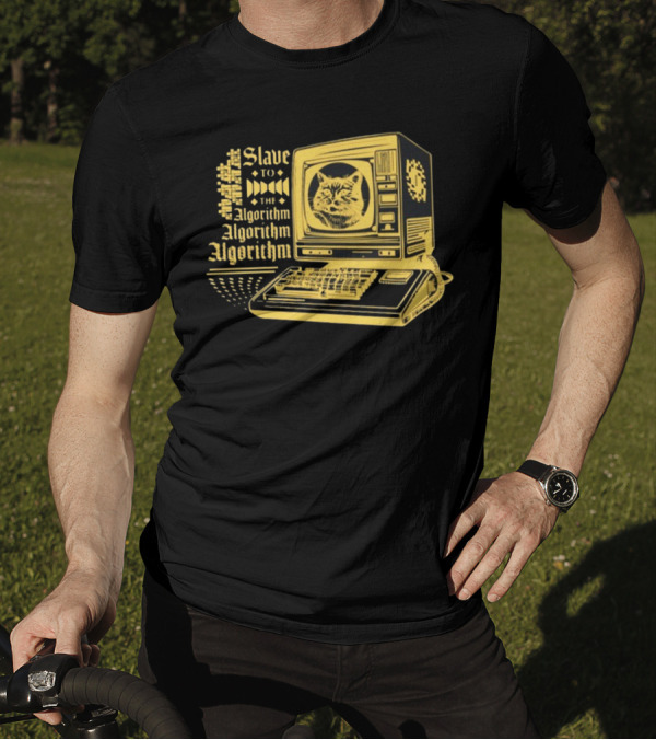Freddytylerpaul Slave To The Algorithm Retro Computer Cat T-Shirt