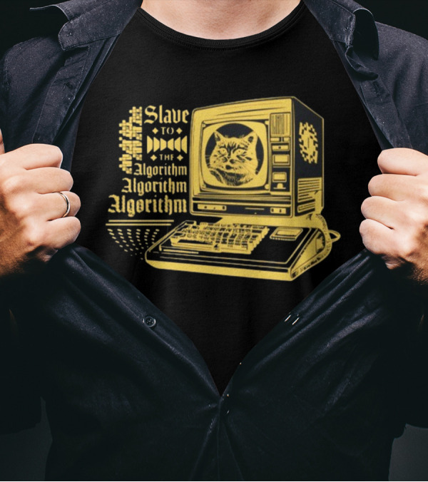 Freddytylerpaul Slave To The Algorithm Retro Computer Cat T-Shirt