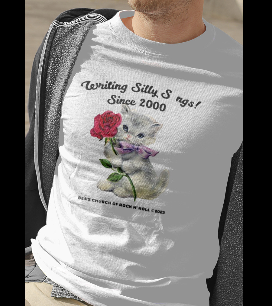 Writing Silly Songs Since 2000 Cute Kitten With Red Rose And Pink Bow T-Shirt