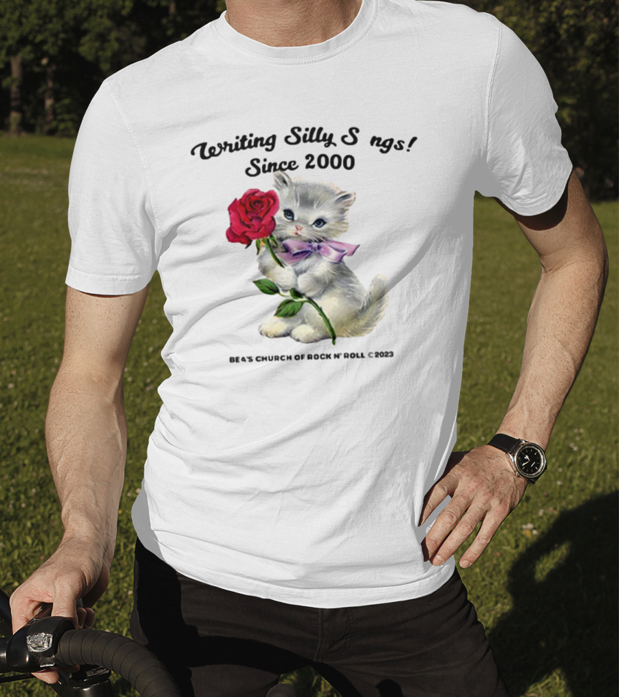 Writing Silly Songs Since 2000 Cute Kitten With Red Rose And Pink Bow T-Shirt