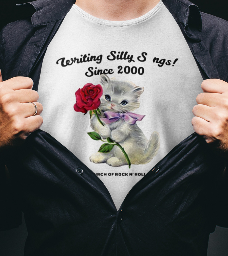 Writing Silly Songs Since 2000 Cute Kitten With Red Rose And Pink Bow T-Shirt