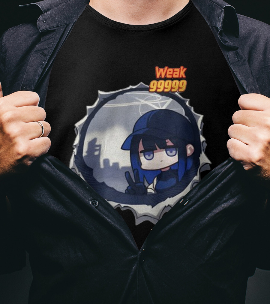 Weak 99999 Manga Character Peering Through Circular Portal T-Shirt