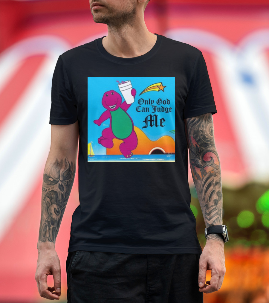 Only God Can Judge Me Dinosaur with Drink Star and Guitar Scene T-Shirt