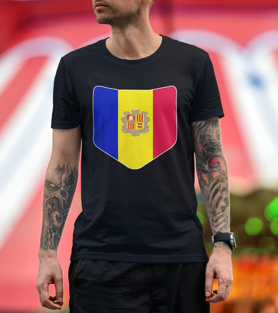 Andorra Flag Pocket Print Andorran Colors Crest Emblem T-Shirt