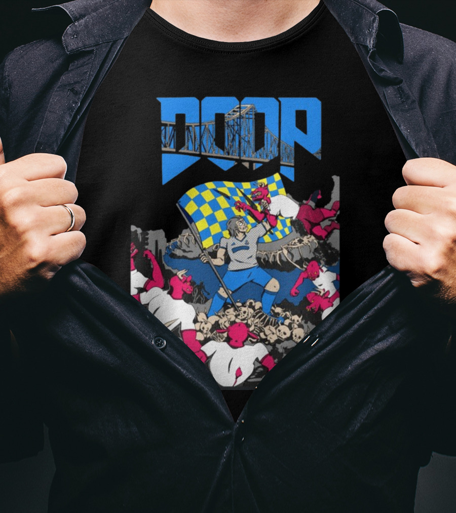 Doom Soccer Player Leading Team With Flag Surrounded By Red Demons T-Shirt