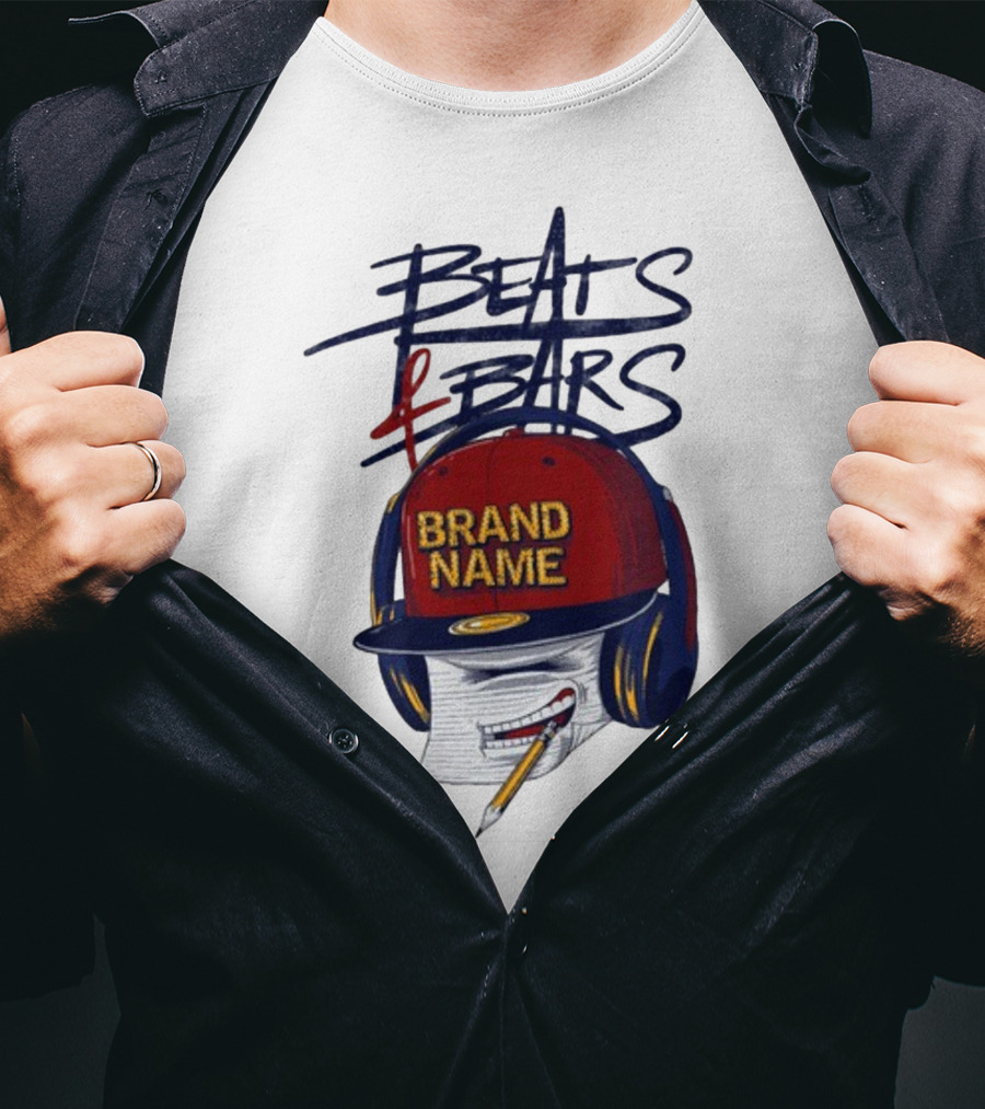 Beats And Bars Brand Name Hat Headphones Pencil Sketch T-Shirt