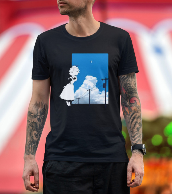 Premium T-Shirt: Electric Maid Under Cloudy Sky and Moon with Power Lines T-Shirt Electric Maid Under Cloudy Sky and Moon with Power Lines T-Shirt
