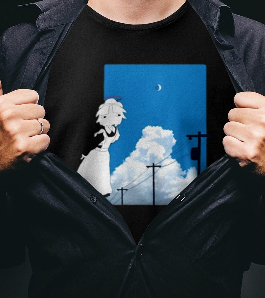 Electric Maid Under Cloudy Sky And Moon With Power Lines T-Shirt