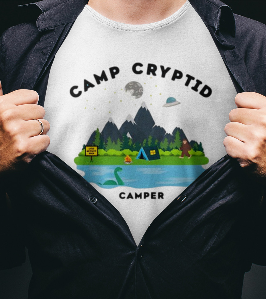 Camp Cryptid Camper UFO Area Loch Ness Bigfoot Camping Scene T-Shirt