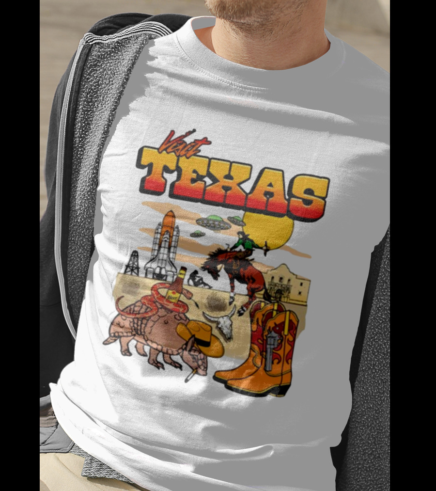 Visit Texas Armadillo Cowboy Boots Space Shuttle UFOs Rodeo Horse Alamo T-Shirt