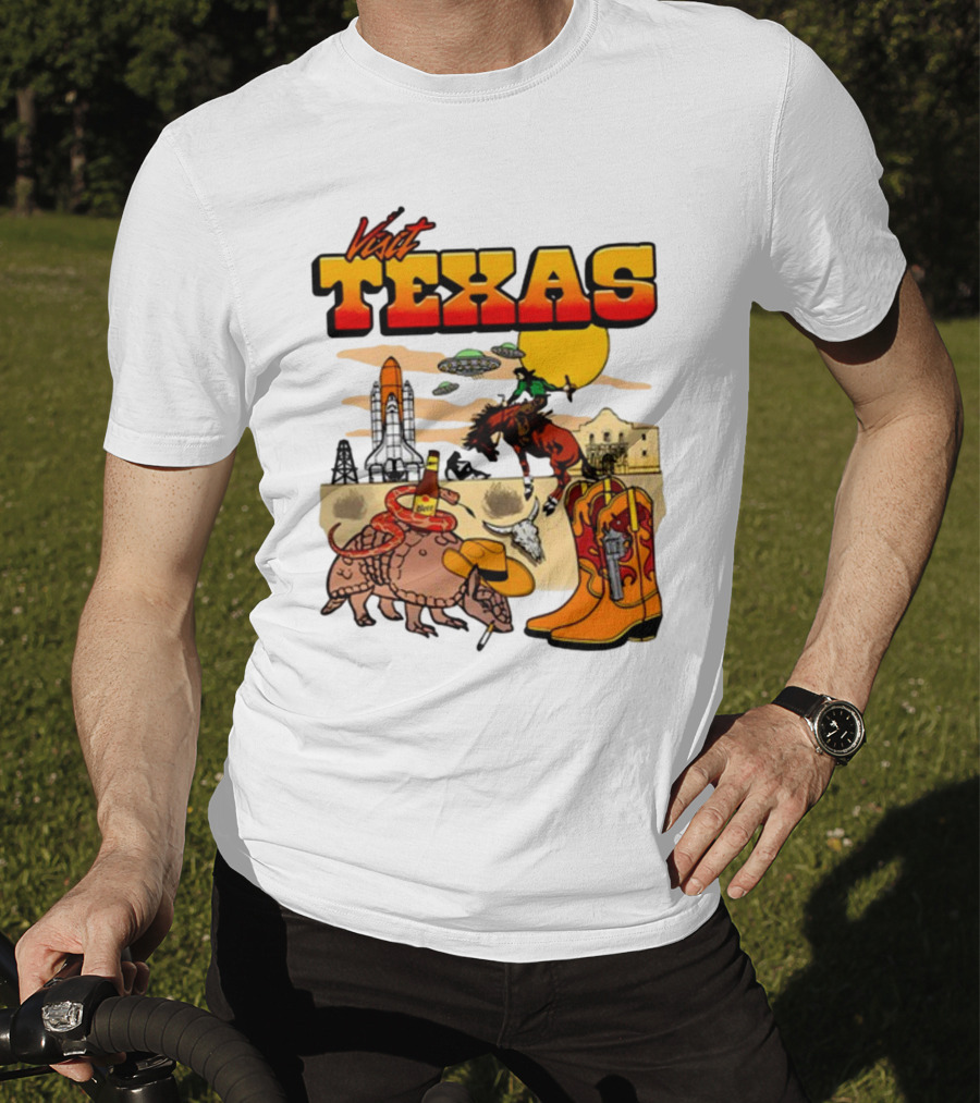 Visit Texas Armadillo Cowboy Boots Space Shuttle UFOs Rodeo Horse Alamo T-Shirt