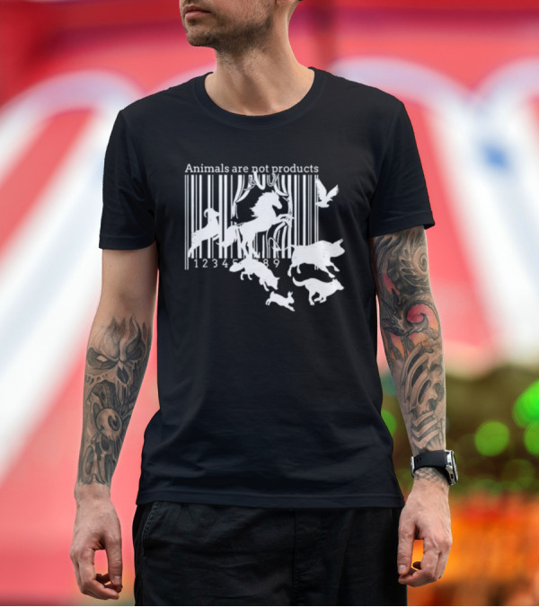 Premium T-Shirt: Animals Are Not Products Barcode with Escaping Animals T-Shirt Animals Are Not Products Barcode with Escaping Animals T-Shirt