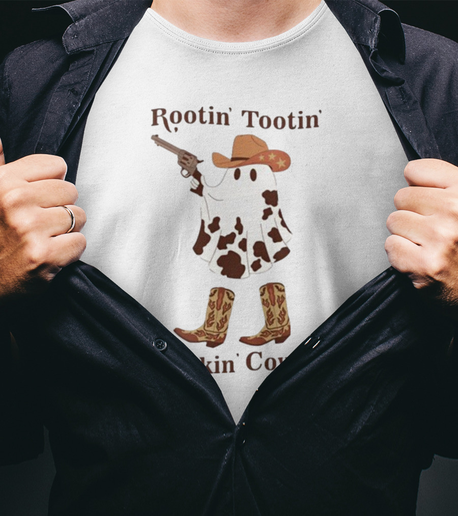 Gotfunny Rootin' Tootin' Spookin' Cowboy Brown Boots Ghost Hat Gun Blazing T-Shirt