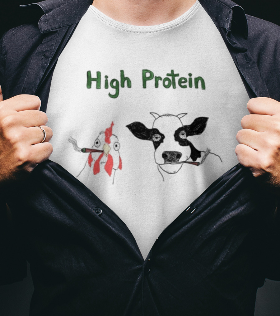 High Protein Chicken And Dairy Cow Smoking Cartoon T-Shirt