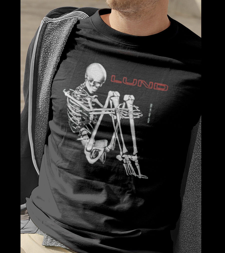 Lund Skeleton Sitting Bend Over Text Elements T-Shirt