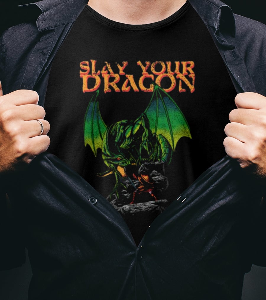Slay Your Dragon Fantasy Green Fire-Breathing Creature T-Shirt