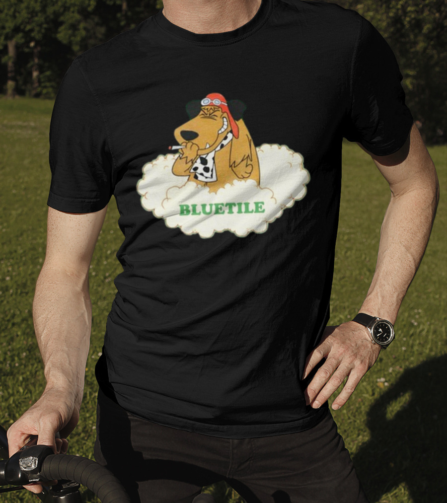 Bluetile Smiling Dog With Aviator Goggles And Bone Scarf In Clouds T-Shirt