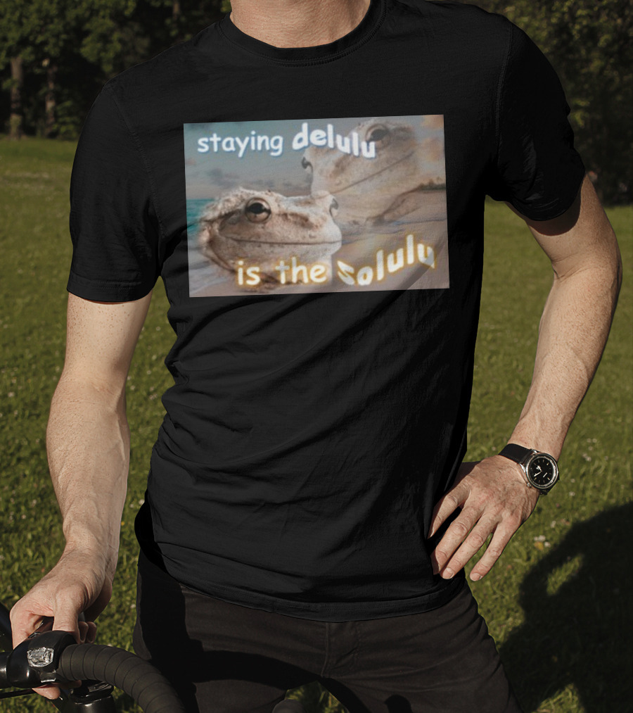 Staying Delulu Is The Solulu Frog Meme Beach Reflection T-Shirt