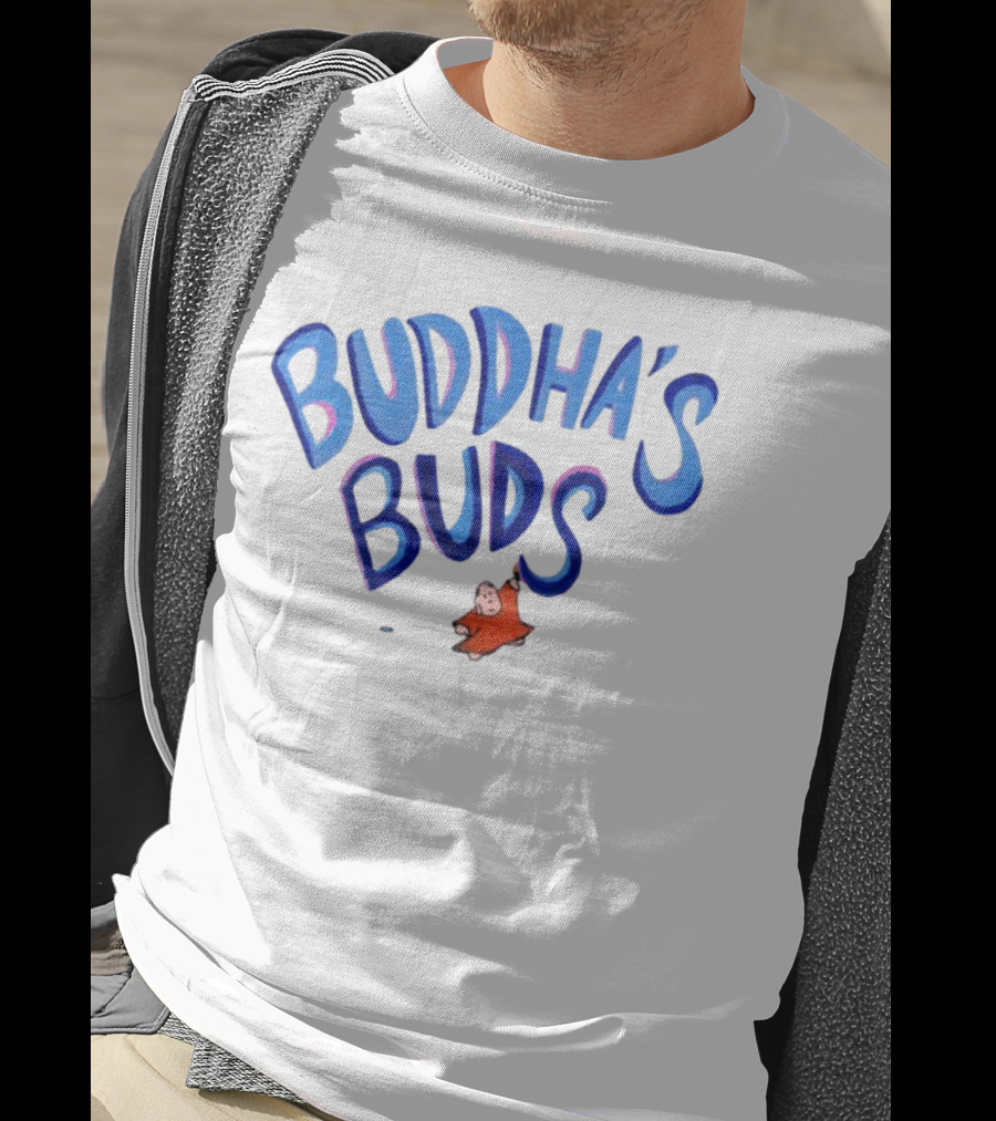 Buddha's Buds Blue Lettering With Cartoon Figure T-Shirt