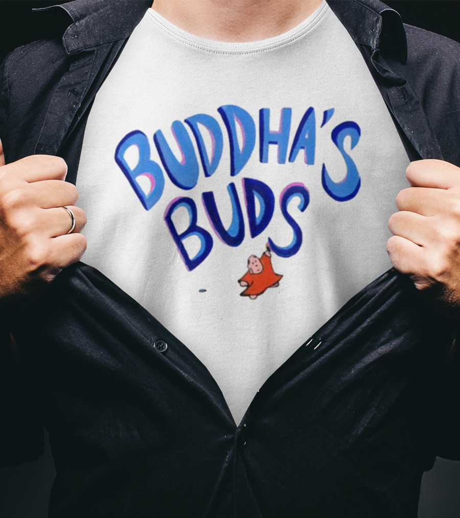 Buddha's Buds Blue Lettering With Cartoon Figure T-Shirt