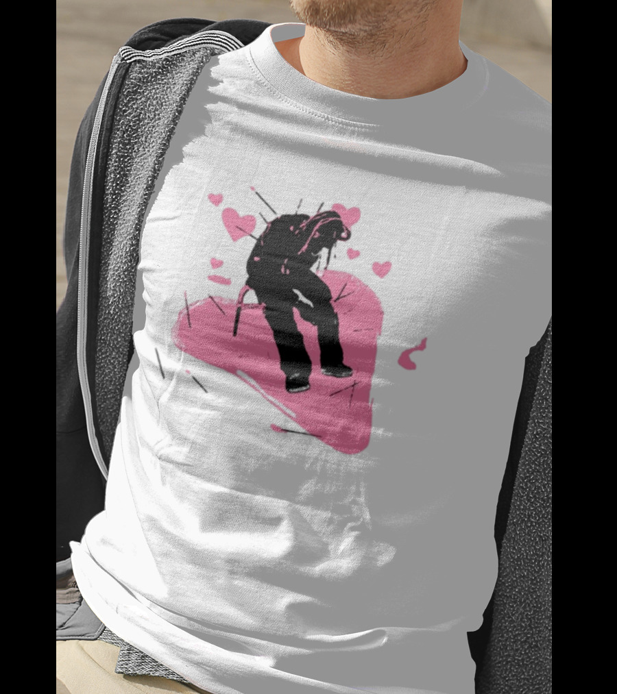 Drokenji Hearts White Pink Heart Black T-Shirt