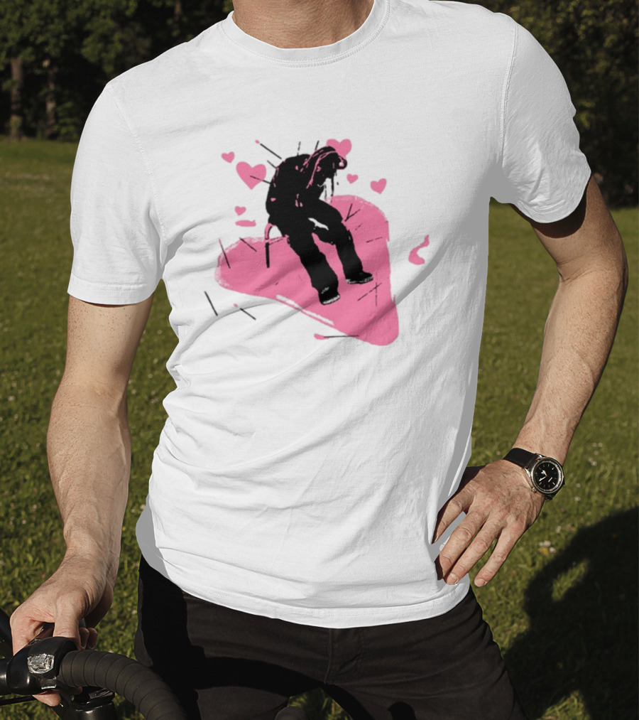 Drokenji Hearts White Pink Heart Black T-Shirt