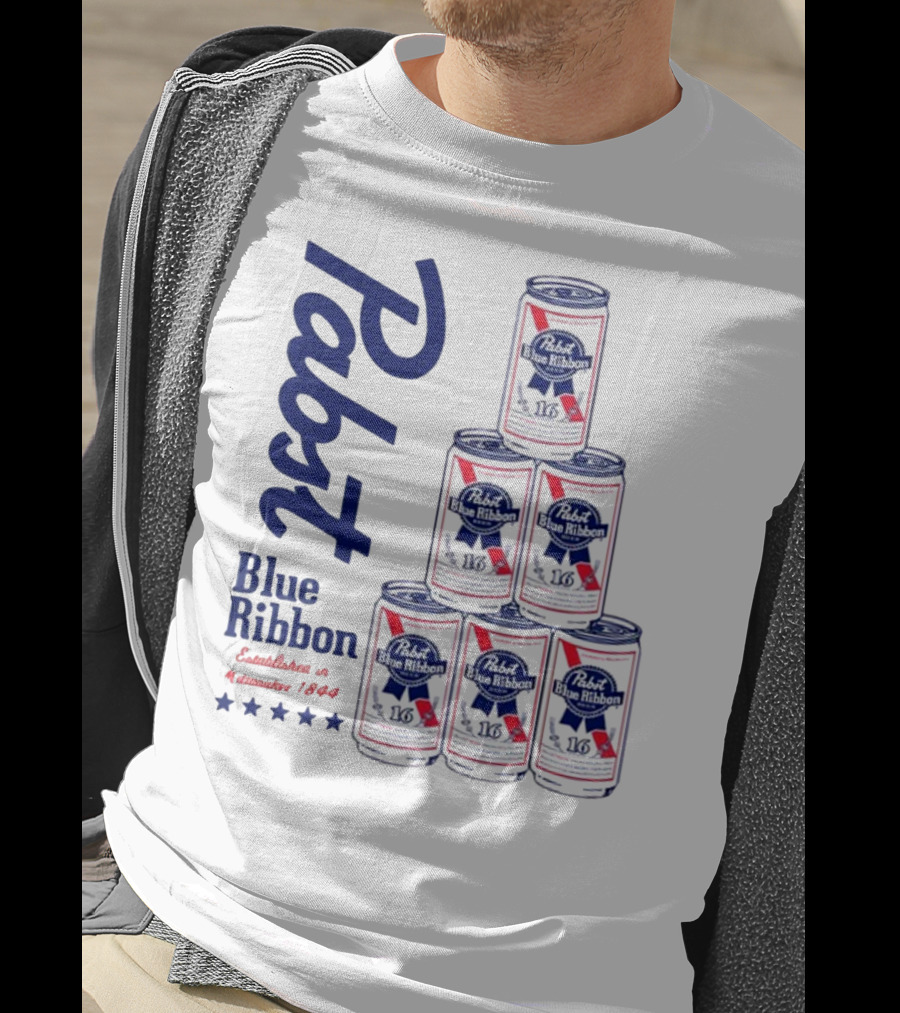 Pabst Blue Ribbon Beer Can Pyramid Established 1844 T-Shirt