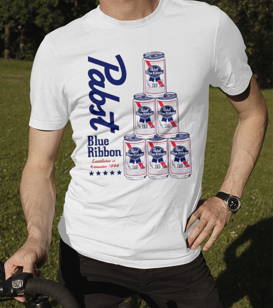 Pabst Blue Ribbon Beer Can Pyramid Established 1844 T-Shirt