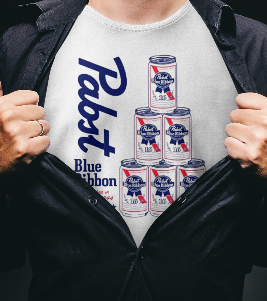 Pabst Blue Ribbon Beer Can Pyramid Established 1844 T-Shirt