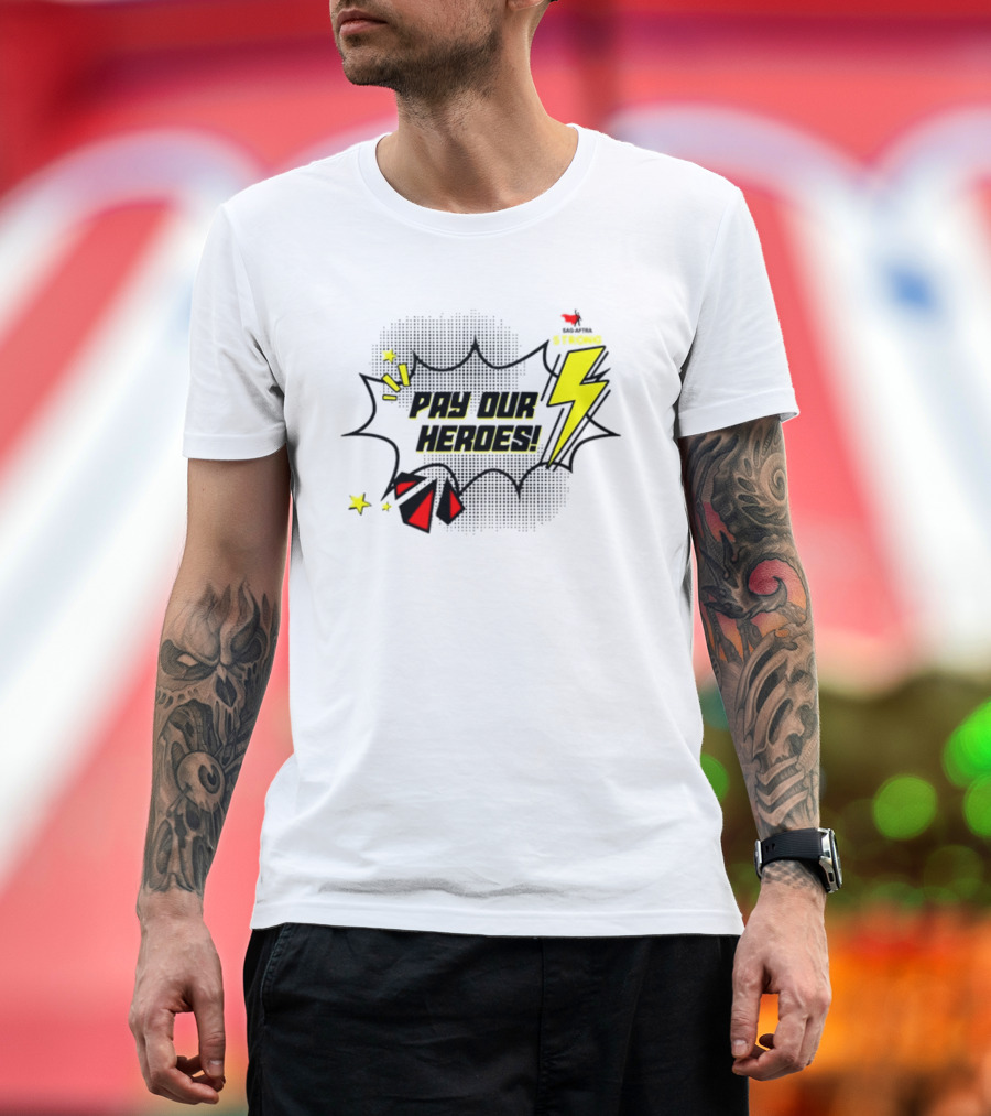 Sag-Aftra Strong Pay Our Heroes Comic Style Lightning Bolt and Stars T-Shirt