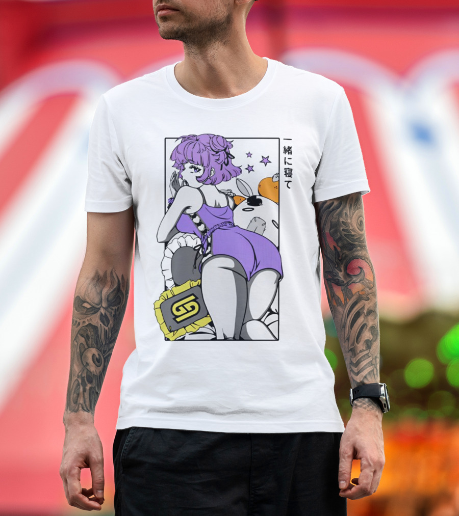 Waifu S5.1 Pillow Talk Purple Hair Anime Girl with Cute Plushies and Stars T-Shirt