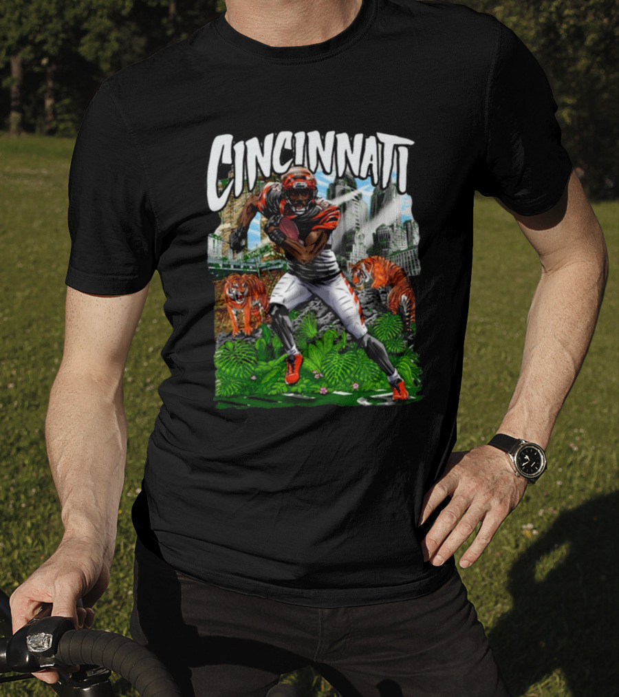 Cincinnati Jungle Football Player With Tigers And City Skyline T-Shirt