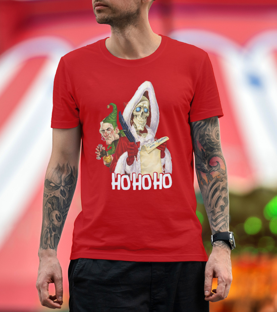 Ho Ho Ho Death With Albert Hogs Santa Skeleton and Elf T-Shirt