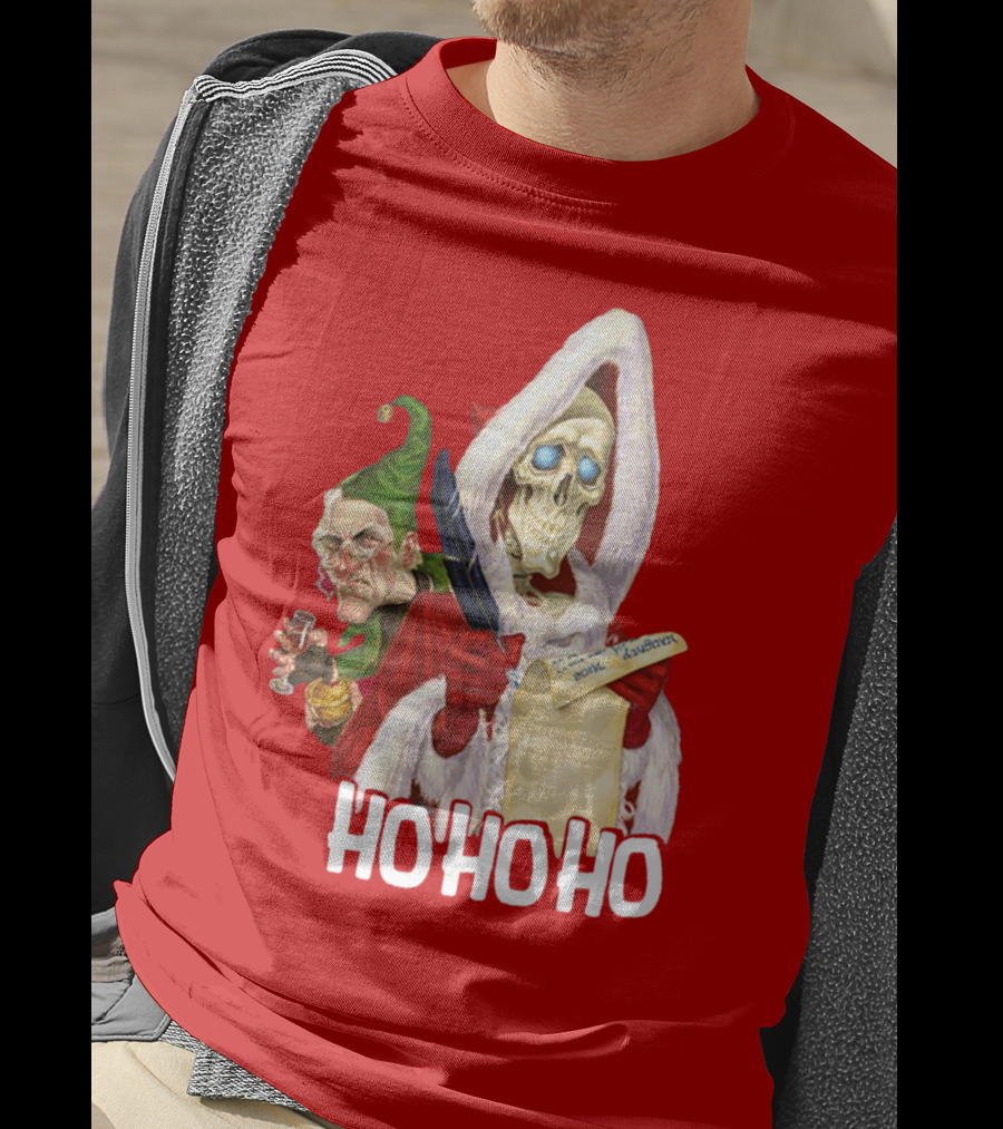 Ho Ho Ho Death With Albert Hogs Santa Skeleton And Elf T-Shirt