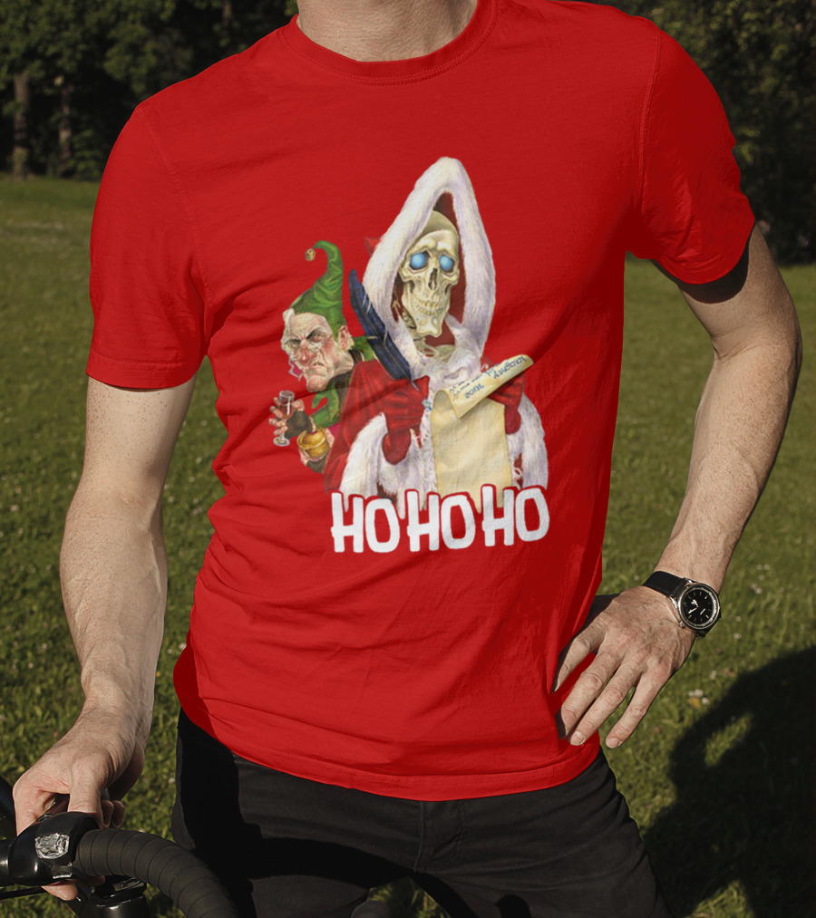 Ho Ho Ho Death With Albert Hogs Santa Skeleton And Elf T-Shirt