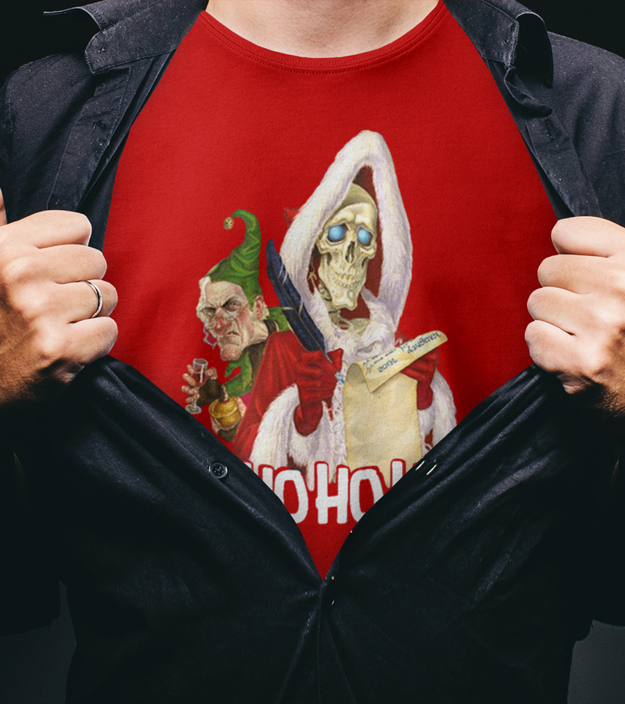 Ho Ho Ho Death With Albert Hogs Santa Skeleton And Elf T-Shirt