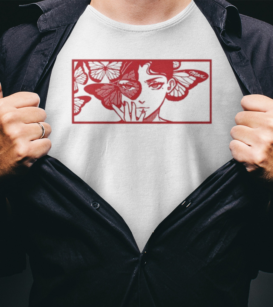 Maxmusic Enigmatic Red Butterflies And Woman In Rectangular Frame T-Shirt