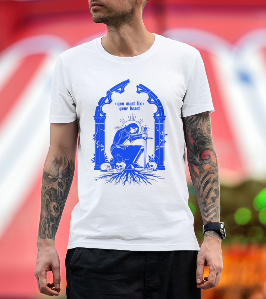 You Must Fix Your Heart Kneeling Skeleton with Sword and Skull Gothic Arch T-Shirt