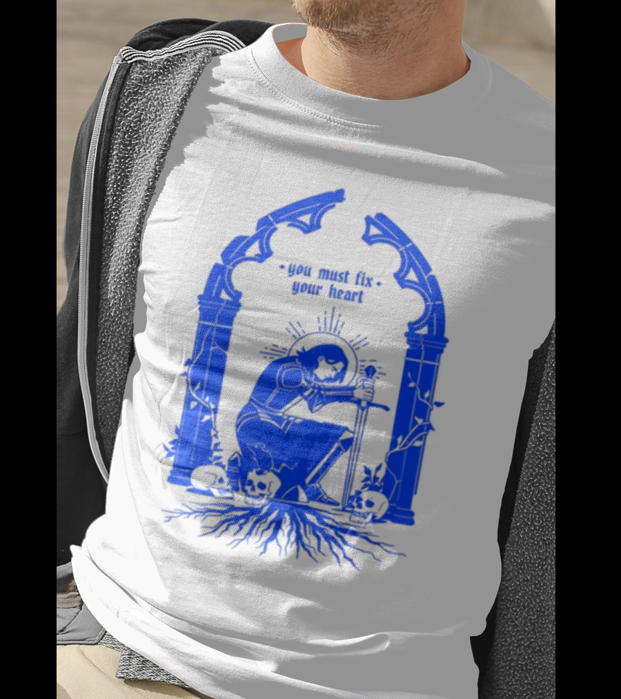 You Must Fix Your Heart Kneeling Skeleton With Sword And Skull Gothic Arch T-Shirt