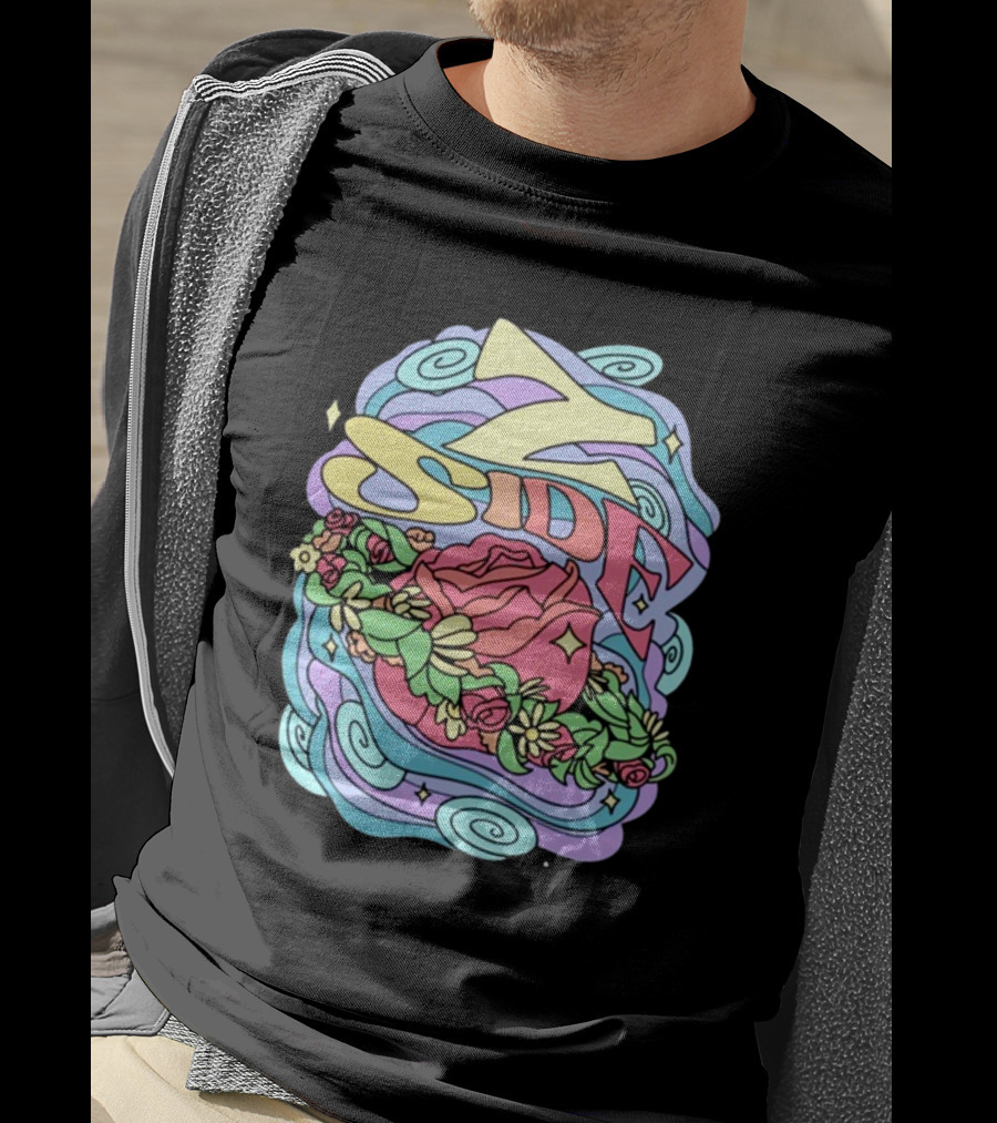 Z Side Colorful Swirl Rose Floral T-Shirt