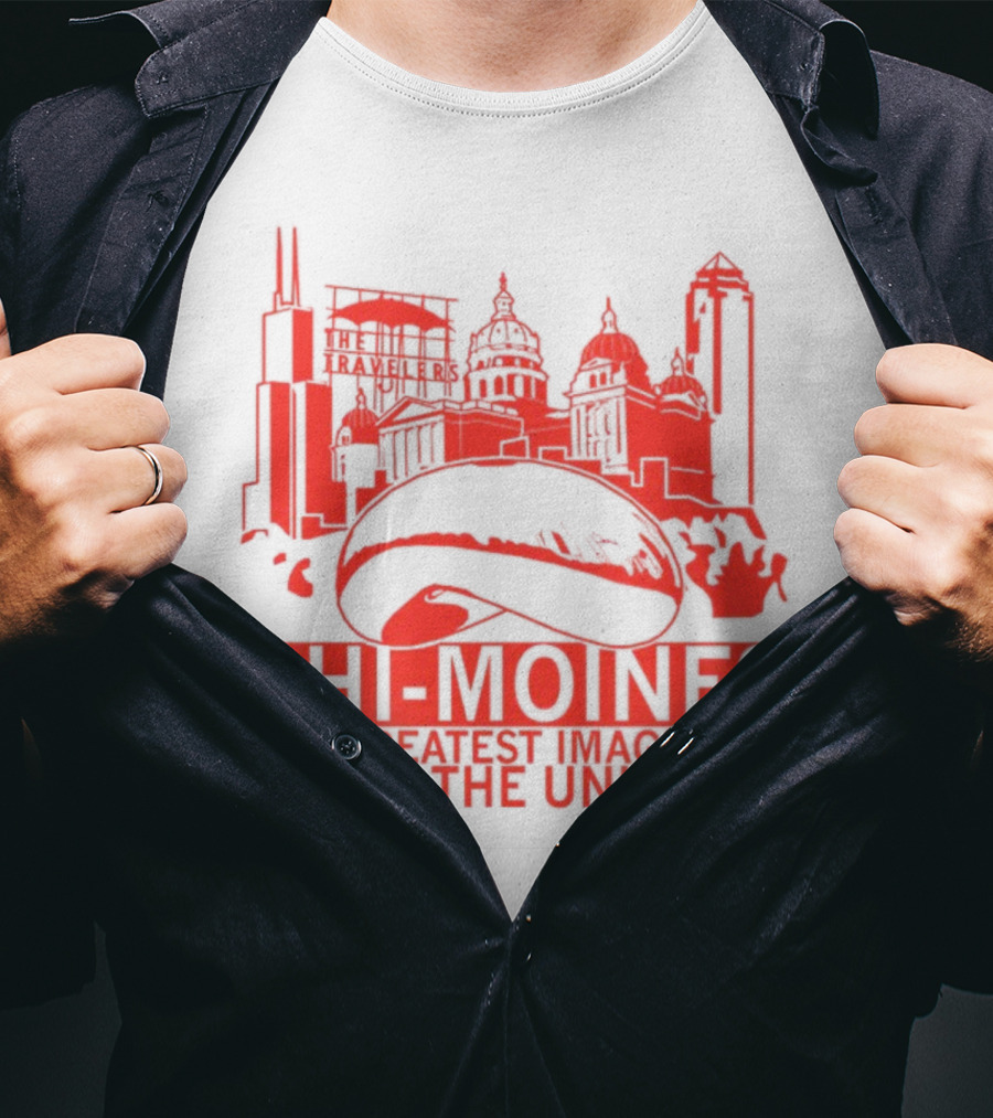 Chi-Moines The Greatest Imaginary City In The Universe Featuring Iconic Red Skyline With Bean And Traveller's Building T-Shirt