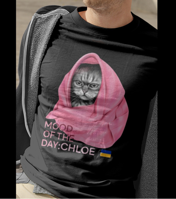 Mood Of The Day: Chloe Juliapod Pink Cat With Ukrainian Flag Background T-Shirt