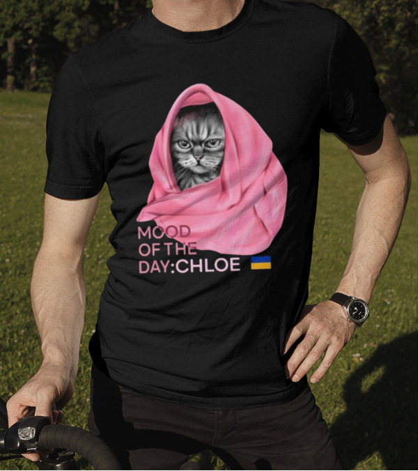 Mood Of The Day: Chloe Juliapod Pink Cat With Ukrainian Flag Background T-Shirt