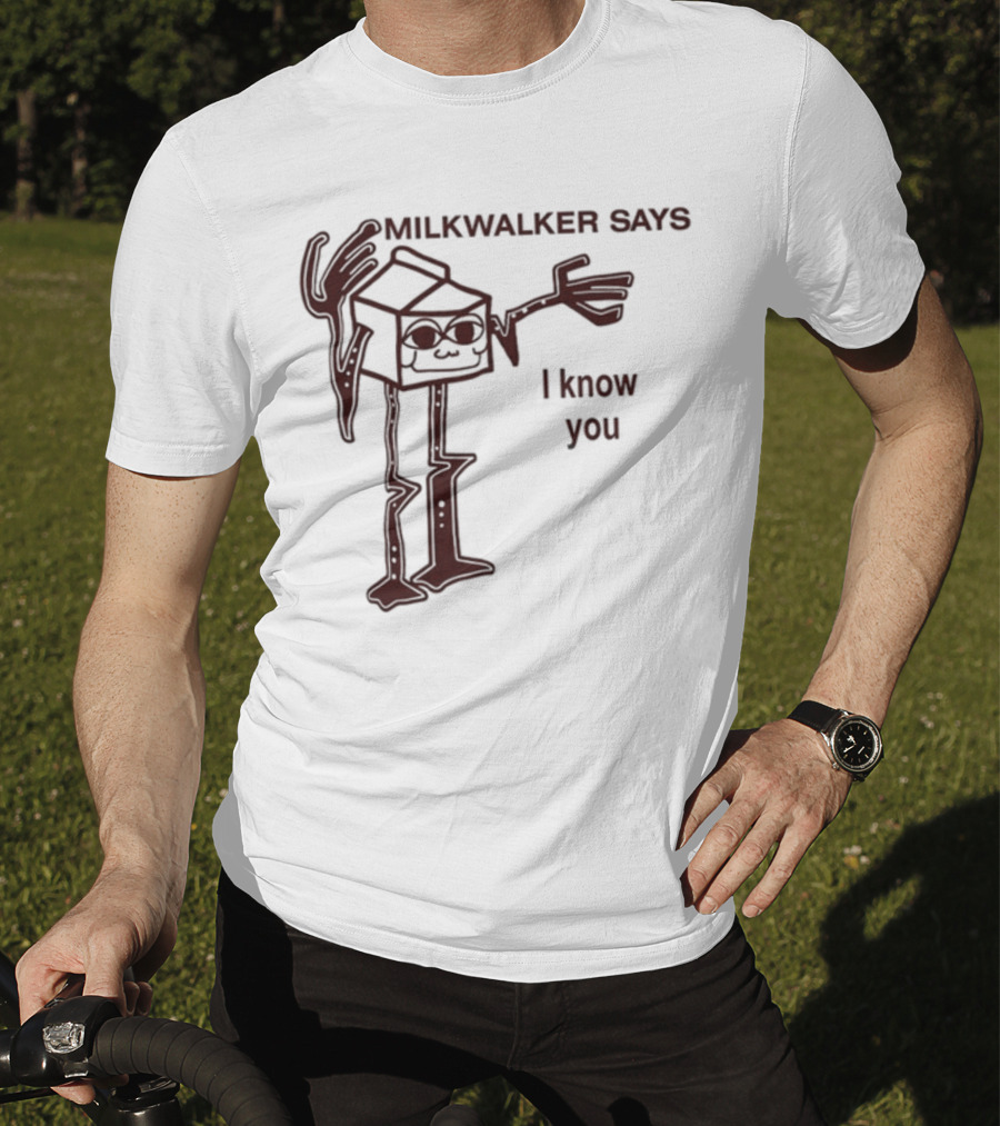 MILKWALKER SAYS I KNOW YOU Creepy Tall Cartoon Character Box Milk T-Shirt